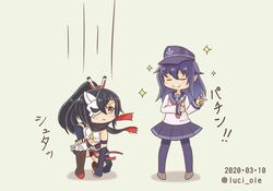  2girls :3 akatsuki_(azur_lane) akatsuki_(kancolle) anchor_symbol azur_lane beige_background black_gloves black_hair black_sailor_collar black_skirt brown_eyes closed_eyes commentary crossover dated elbow_gloves fingerless_gloves flat_cap full_body gloves half_mask hat highres historical_name_connection kantai_collection long_hair long_sleeves luci_ole mask multiple_girls name_connection neckerchief ninja one-hour_drawing_challenge pantyhose pleated_skirt ponytail red_neckerchief sailor_collar school_uniform serafuku simple_background skirt skull_mask sleeveless smile smug squatting twitter_username 