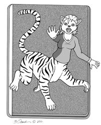  2001 bernard_doove bottomless breasts chakat chakat_sherlock chakona_space claws cleavage clothed clothing felid felid_taur female fur greyscale hair herm_(lore) mammal mammal_taur monochrome open_mouth shirt solo striped_body striped_fur stripes taur topwear 