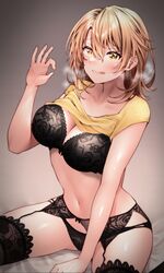  alternate_breast_size black_bra black_garter_belt black_panties black_thighhighs blonde_hair blush bow bow_bra bra breasts clothes_lift collarbone commentary_request fellatio_gesture female garter_belt hand_up highres isshiki_iroha lace lace_bra lace_garter_belt lace_panties lace_thighhighs large_breasts medium_hair navel panties red_hayao shirt shirt_lift sitting solo thighhighs thighs tongue tongue_out underwear wariza yahari_ore_no_seishun_lovecome_wa_machigatteiru. yellow_eyes yellow_shirt 