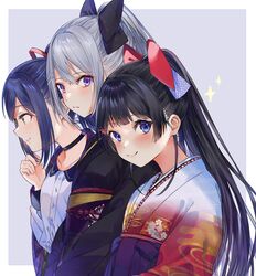  3girls black_bow black_choker black_hair black_kimono blue_eyes blue_hair blush bow choker from_side grey_hair hairbow highres higuchi_kaede higuchi_kaede_(5th_costume) japanese_clothes jk_gumi_(nijisanji) kimono looking_at_another looking_at_viewer looking_to_the_side multiple_girls nijisanji obi official_alternate_costume ponytail purple_background purple_eyes red_bow sash shizuka_rin shizuka_rin_(4th_costume) simple_background tsukino_mito tsukino_mito_(4th_costume) virtual_youtuber white_background ya_ka_n yellow_eyes 