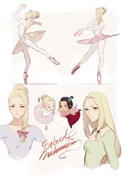  2girls arabesque_(pose) ballerina ballet ballet_slippers blonde_hair en_pointe english_text eva_smith full_body gyakuten_saiban hakama highres japanese_clothes leotard multiple_girls multiple_views nikolina_pavlova pantyhose pink_leotard red_hakama susato_mikotoba the_great_ace_attorney the_great_ace_attorney:_adventures tutu updo white_legwear 