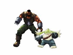  4:3 ammo_belt anthro bandai_namco barret_wallace bottomwear clothing crossover denim denim_bottomwear denim_clothing digimon digimon_(species) duo final_fantasy final_fantasy_vii gargomon gun_arm hi_res human jeans long_ears male mammal muscular muscular_anthro muscular_male pants square_enix steven_purifoy 