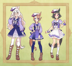  3girls animal_ears biwa_hayahide_(umamusume) black_hair black_legwear blue_eyes blush bnw_(umamusume) boots brown_footwear brown_hair collarbone grin hair_over_one_eye high_heel_boots high_heels highres horse_ears horse_girl horse_tail knee_boots long_hair long_sleeves looking_at_another looking_at_viewer multiple_girls narita_taishin_(umamusume) open_mouth over-kneehighs pantyhose parted_lips puffy_short_sleeves puffy_sleeves rectangular_eyewear red-framed_eyewear red_eyes school_uniform semi-rimless_eyewear short_hair short_sleeves smile socks tail teeth thighhighs tracen_school_uniform umamusume under-rim_eyewear white_hair white_pantyhose white_socks winning_ticket_(umamusume) yellow_eyes yoshidanoe 