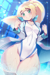  alternate_costume blonde_hair breasts clenched_hands collarbone competition_swimsuit cosplay covered_navel cowboy_shot curvy female green_eyes highleg highleg_swimsuit highres kasumi_(pokemon) lillie_(pokemon) misty_(pokemon)_(cosplay) one-piece_swimsuit pokemon pokemon_hgss pokemon_sm ponytail shiny_skin solo swimsuit thick_thighs thighs water wet wide_hips yasu_suupatenin 