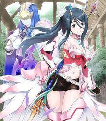  2girls armor bare_shoulders belt black_shorts blue_eyes blue_hair boots breasts caeda_(fire_emblem) cleavage closed_mouth commentary_request covered_eyes cowboy_shot dress elbow_gloves fire_emblem gloves hair_between_eyes hair_ornament hanabusa_(xztr3448) highres holding holding_staff long_hair looking_at_viewer medium_breasts midriff multiple_girls navel oribe_tsubasa ponytail short_shorts shorts showgirl_skirt sidelocks smile staff standing thigh_boots tokyo_mirage_sessions_fe weapon white_belt 