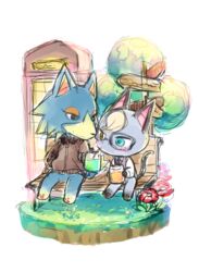  alcohol animal_crossing anthro bench beverage blush canid canine canis clothing cocktail domestic_cat drinking duo eyewear felid feline felis flower glasses heterochromia jacket male mammal nintendo nobinolife paws plant raymond_(animal_crossing) sitting topwear wolf wolfgang_(animal_crossing) 