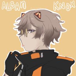  1boy alban_knox alban_knox_(1st_costume) animal_ears brown_hair cat_ears earrings facing_to_the_side fake_animal_ears glasses grey_eyes highres jewelry junstarias looking_at_viewer male_focus nijisanji nijisanji_en pale_skin profile solo tongue tongue_out virtual_youtuber 