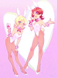  2girls aikatsu!_(series) aikatsu_stars! alternate_costume animal_ears ashida_yuuri_(aikatsu!) blonde_hair blush breasts bright_pupils card closed_mouth fake_animal_ears fishnet_pantyhose fishnets full_body green_eyes hand_on_own_knee high_heels highres holding holding_card holding_microphone leotard liszt_juli looking_at_viewer medium_breasts microphone multiple_girls one_eye_closed open_mouth pantyhose playboy_bunny rabbit_ears red_eyes red_hair short_hair smile white_footwear white_leotard white_pupils wrist_cuffs yoshidanoe 