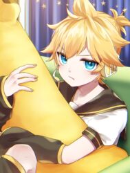  1boy angry arm_warmers banana bass_clef black_sailor_collar blonde_hair blue_eyes commentary couch curtains food fruit headphones headset highres holding holding_food holding_fruit holding_toy indoors kagamine_len leg_warmers looking_at_viewer male_focus nail_polish pouty_lips sailor_collar shirt short_ponytail short_sleeves sitting solo soramame_pikuto spiked_hair star_(symbol) star_ornament stuffed_toy toy v-shaped_eyebrows vocaloid white_shirt yellow_nails 