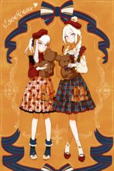  2girls alternate_costume black_footwear blonde_hair braid bright_pupils edelgard_von_hresvelg fire_emblem fire_emblem:_three_houses highres holding holding_stuffed_toy long_hair lysithea_von_ordelia multiple_girls pink_eyes purple_eyes red_footwear socks stuffed_animal stuffed_toy teddy_bear twin_braids twintails white_legwear white_pupils yoshidanoe 