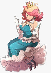  alternate_hairstyle amanda_o&#039;neill artist_name breasts cleavage commentary_request commission dress earrings elbow_gloves female full_body gloves green_dress green_eyes hair_over_one_eye highres jewelry large_breasts little_witch_academia long_dress looking_at_viewer mario_(series) medium_hair middle_finger multicolored_hair new_super_mario_bros._u_deluxe omiza_somi orange_hair simple_background solo super_crown two-tone_hair white_background white_gloves 