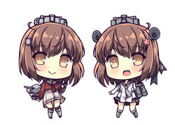  2girls akikaze_tsumuji anchor_symbol binoculars black_sailor_collar brown_eyes brown_hair brown_neckerchief cannon cherry_blossoms chibi dress dual_persona flower grey_neckerchief grey_sailor_collar hair_flower hair_ornament hairclip kantai_collection looking_at_viewer machinery multiple_girls neckerchief no_nose open_mouth red_shirt round_teeth sailor_collar sailor_dress sailor_shirt shirt short_hair simple_background speaking_tube_headset tan_yang_(kancolle) teeth turret upper_teeth_only white_background white_dress yukikaze_(kancolle) 