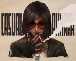  black_gloves black_hair black_nails casual character_name cigarette commentary dark-skinned_female dark_skin dog_tags english_commentary english_text eye_of_horus facial_tattoo female fingerless_gloves gloves highres jacket leather leather_jacket lips looking_at_viewer monori_rogue nose overwatch overwatch_1 pharah_(overwatch) photoshop_(medium) portrait short_hair smoke smoking solo sunglasses swept_bangs tattoo thick_eyebrows 