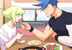  2boys :t androgynous asymmetrical_hair bae_(baebae) blue_hair breakfast colored_eyelashes feeding food fried_egg galo_thymos green_hair lio_fotia male_focus multiple_boys oatmeal promare purple_eyes sausage shirt sidecut spiked_hair spoon t-shirt undercut 