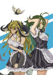  2girls absurdres alternate_costume antenna_hair apron arknights arms_up asymmetrical_sleeves bare_arms bare_shoulders bird black_dress blonde_hair breasts brown_eyes cowboy_shot crocodile_girl crocodilian_tail detached_sleeves dragon_horns dragon_tail dress enmaided estelle_(arknights) from_side gavial_(arknights) green_hair hair_tie hair_tie_in_mouth highres holding holding_tray horns long_hair looking_at_viewer looking_away maid maid_apron medium_breasts mouth_hold multiple_girls orange_eyes ponytail profile tail tao_(t_a_o) the_elder_scrolls tray twitter_username two-tone_background tying_hair uneven_sleeves waist_apron yellow_eyes 