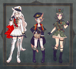  3girls alternate_costume animal_ears biwa_hayahide_(umamusume) black_footwear black_gloves black_hair bnw_(umamusume) boots closed_mouth cross-laced_footwear fingerless_gloves glasses gloves high_heel_boots high_heels highres horse_ears horse_girl horse_tail knee_boots lace-up_boots long_hair long_sleeves looking_at_another looking_at_viewer multiple_girls narita_taishin_(umamusume) parted_lips pleated_skirt rectangular_eyewear red-framed_eyewear red_eyes semi-rimless_eyewear short_hair short_sleeves skirt smile tail thigh_boots thighhighs umamusume under-rim_eyewear white_footwear white_gloves white_hair white_skirt winning_ticket_(umamusume) yoshidanoe 