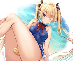  1other azur_lane bare_shoulders black_ribbon blonde_hair blue_eyes blue_one-piece_swimsuit bow breasts dead_or_alive eyes_visible_through_hair female frilled_one-piece_swimsuit frills hair_ornament hair_ribbon hand_on_own_shoulder highres kiri_celea knees_up legs_together long_hair looking_at_viewer manjuu_(azur_lane) marie_rose marie_rose_(devilish_servant_against_the_splashing_waves) medium_breasts one-piece_swimsuit one_eye_closed red_bow ribbon simple_background sitting smile solo_focus swimsuit thighs tongue tongue_out twintails very_long_hair water x_hair_ornament 