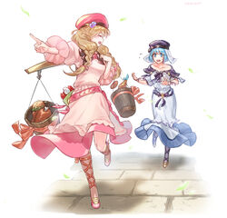  2girls blonde_hair blue_eyes blue_hair bow braid bucket closed_eyes dress faye_(fire_emblem) faye_(valentine)_(fire_emblem) fire_emblem fire_emblem_echoes:_shadows_of_valentia fire_emblem_heroes flower food futabaaf hairbow hat long_hair long_sleeves looking_back meat multiple_girls open_mouth short_hair short_sleeves silque_(fire_emblem) silque_(valentine)_(fire_emblem) twin_braids wooden_bucket 