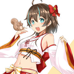  :d ahoge animal bare_shoulders bell blue_eyes bow breasts brown_hair commentary_request crop_top detached_sleeves female hairbow hands_up highres hololive japanese_clothes jingle_bell long_sleeves looking_at_viewer matsurisu medium_hair midriff multicolored_hair natsuiro_matsuri natsuiro_matsuri_(new_year) navel nontraditional_miko open_mouth shirt simple_background small_breasts smile solo squirrel stomach streaked_hair striped striped_bow upper_body virtual_youtuber white_background white_shirt wide_sleeves zaxwu 