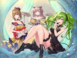  3girls alternate_hairstyle animal_ears ass bat_(animal) bell black_dress black_footwear black_gloves black_panties blue_eyes blush boots breasts bridal_garter brown_hair cat_ears choker cleavage commentary dress drum drum_set drumsticks earrings electric_guitar floating flower girls&#039;_frontline glint glitter gloves green_hair grizzly_mkv_(girls&#039;_frontline) grizzly_mkv_(starry_night_ball)_(girls&#039;_frontline) guitar hair_between_eyes hair_up head_tilt heart heart_earrings heterochromia highres holding holding_drumsticks holding_instrument holding_microphone instrument jewelry jingle_bell large_breasts light_particles long_hair looking_at_viewer m950a_(concert_diva!)_(girls&#039;_frontline) m950a_(girls&#039;_frontline) md5_mismatch medium_breasts messy_hair microphone mk23_(girls&#039;_frontline) mk23_(impish_sweetheart)_(girls&#039;_frontline) moonandmist motion_blur multicolored_clothes multicolored_dress multicolored_hair multiple_girls neck_bell off-shoulder_dress off_shoulder official_alternate_costume one_eye_closed open_mouth panties parted_lips purple_eyes red_eyes red_flower short_hair sidelocks smile strapless strapless_dress streaked_hair symbol-only_commentary thighs twintails two_side_up underwear yellow_eyes 