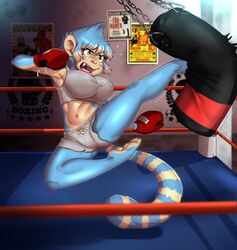  2017 5_toes action_pose anthro bangs bare_shoulders barefoot belly big_breasts biped blue_body blue_fur blue_hair blue_stripes blue_tail blush bodily_fluids bottomwear bouncing_breasts boxing_gloves breasts callitrichid chains clothing countershade_face countershade_torso countershading crop_top depth_of_field detailed_background digital_media_(artwork) ear_piercing eyebrows eyelashes fangs feet female fighting_ring flying_sweatdrops fur glistening hair hair_between_eyes handwear haplorhine hi_res humanoid_feet inside jumping kick lemur2003_(artist) lips looking_away mammal markings marmoset midriff monkey motion_lines multicolored_hair navel new_world_monkey nipple_outline panties piercing pink_nose pink_tongue plantigrade pose poster primate punching_bag ribbons shadow shirt short_hair shorts simi solo sport star striped_body striped_fur striped_markings striped_tail stripes sweat sweatdrop tail tail_markings tan_belly tan_body tan_countershading tan_fur tan_hair tan_stripes tan_tail tank_top teeth toes tongue topwear two_tone_hair underwear yellow_eyes 