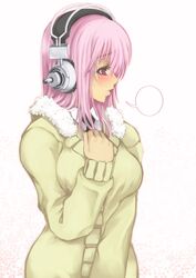  blank_speech_bubble blush breasts cardigan commentary_request deni_m female hand_on_own_chest headphones large_breasts long_hair looking_away necktie nitroplus open_mouth pink_eyes pink_hair solo speech_bubble super_sonico 