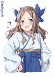  :d asakaze_(kancolle) blue_eyes blue_hakama blue_skirt blush bow breasts commentary_request cowboy_shot ebifurya female forehead hairbow hakama hakama_skirt hands_on_own_hips highres japanese_clothes kantai_collection light_brown_hair long_hair meiji_schoolgirl_uniform open_mouth parted_bangs pleated_skirt shiny_forehead sidelocks skirt small_breasts smile solo tareme twitter_username v-shaped_eyebrows wavy_hair white_background 