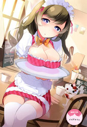  :o absurdres blue_eyes breast_rest breasts breasts_on_tray brown_hair carried_breast_rest carrying cleavage curtains female haruse_hiroki highres large_breasts maid_headdress panties pantyshot parfait sitting table thighhighs tray underwear waitress white_legwear white_panties 