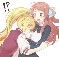  !? 2girls :o azuki_(aduki) bad_id bad_twitter_id blonde_hair blue_eyes blush bow breast_press breasts commentary_request jacket letterman_jacket light_green_hair long_hair long_sleeves minamoto_sakura multicolored_hair multiple_girls nikaidou_saki open_mouth orange_eyes orange_hair polka_dot polka_dot_bow ponytail school_uniform streaked_hair sweatdrop underbust yuri zombie_land_saga 