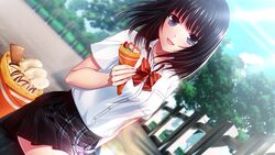  black_hair blue_eyes blush bow bowtie breasts crepe female food game_cg happy highres ice_cream jinnan_ayaka legs looking_at_viewer minamihama_yoriko open_mouth school_uniform short_hair shoujo_activity sitting skirt sky smile solo sun thighs tree trees wind 