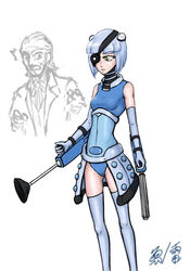  blue_hair dalek doctor_who eyepatch female first_doctor highres personification short_hair simple_background thighhighs 