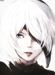  2b_(nier:automata) artist_name black_blindfold black_dress black_hairband blindfold blindfold_slip blue_eyes bob_cut commentary dress eyelashes female hair_over_one_eye hairband highres juliet_sleeves lips long_sleeves looking_to_the_side mole mole_under_mouth nekoya_(liu) nier:automata nier_(series) nose one_eye_covered parted_lips portrait puffy_sleeves red_lips short_hair simple_background solo teeth turtleneck white_background white_hair 