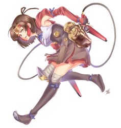  :d bandaged_leg bandages boots brown_hair commentary dual_wielding female full_body gloves gun helmet highres holding holding_gun holding_weapon koutetsujou_no_kabaneri looking_at_viewer mumei_(kabaneri) open_mouth orange_eyes shao_(newton) short_hair simple_background smile solo steampunk tank_(container) teeth thigh_boots thighhighs weapon white_background 