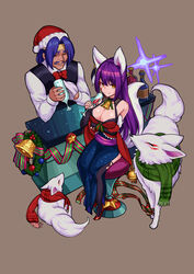  1boy alcohol animal_ears bottle breasts christmas commentary_request cup daji_(monster_strike) drinking_glass female fox fox_ears hat hei_niao high_heels highres kitsune large_breasts long_hair monster_strike purple_hair red_footwear santa_hat scarf simple_background table tail thighhighs wine wine_bottle wine_glass yellow_eyes 