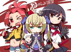  &gt;_o 3girls 7th_dragon_(series) 7th_dragon_2020 ;d arm_up armband black_hair black_shirt blue_sailor_collar blue_shorts blue_skirt bow brown_eyes brown_hair chelsea_(7th_dragon) closed_mouth colored_eyelashes commentary_request copyright_name crop_top cutoffs destroyer_(7th_dragon_2020) fingerless_gloves gauntlets gloves goggles goggles_around_neck green_eyes groin hacker_(7th_dragon) hair_between_eyes hairbow hand_up head_tilt holding holding_sheath jacket katana katanako long_hair long_sleeves looking_at_viewer midriff multiple_girls naga_u navel neckerchief one_eye_closed open_mouth parted_lips pleated_skirt purple_bow purple_skirt red_eyes red_gloves red_hair red_neckerchief round_teeth sailor_collar samurai_(7th_dragon_series) school_uniform serafuku sheath shirt short_shorts shorts single_gauntlet skirt smile striped striped_bow sword teeth tilted_headwear twintails upper_teeth_only very_long_hair waving weapon white_shirt yellow_jacket 