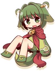  1other :d androgynous arno bell blush brown_hair chibi commentary_request dog_tail full_body green_eyes green_footwear green_hair green_shirt green_shorts green_tail hair_between_eyes hair_bobbles hair_ears hair_intakes hair_ornament head_tilt jingle_bell long_sleeves looking_at_viewer multicolored_hair naga_u open_mouth other_focus puffy_long_sleeves puffy_sleeves red_scarf scarf shadow shirt short_hair short_shorts shorts sleeves_past_fingers sleeves_past_wrists smile solo summon_night summon_night_swordcraft_story_2 tail two-tone_hair two_side_up white_background 