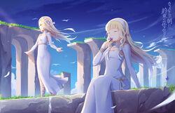  2girls absurdres arms_up blonde_hair blue_sky braid breasts closed_eyes commentary_request copyright_name covered_mouth day detached_sleeves dress expressionless floating_hair flower grass hair_ribbon hairband high_collar highres leg_ribbon leilia_(sayoasa) long_hair looking_to_the_side maquia_(sayoasa) multiple_girls outdoors photoshop_(medium) red_eyes ribbon ribbon_braid ruins sad sayonara_no_asa_ni_yakusoku_no_hana_wo_kazarou shirokun0824 sitting sky small_breasts standing tearing_up tears twin_braids very_long_hair white_dress wind 