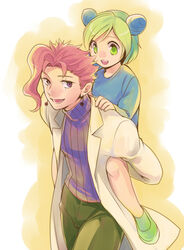  1boy carrying commentary_request cone_hair_bun female green_eyes hair_bun holstein_kurita jojo_no_kimyou_na_bouken kakyoin_noriaki kujo_jolyne lab_coat piggyback pink_hair purple_eyes scar stardust_crusaders stone_ocean 