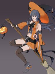  bare_shoulders belt black_gloves black_thighhighs blue_hair broom broom_riding closed_umbrella commentary_request cosplay detached_sleeves dress female fingerless_gloves fire_emblem fire_emblem_fates fire_emblem_heroes full_body garter_straps gloves gradient_background grey_background grin halloween hat highres jack-o&#039;-lantern long_hair long_sleeves looking_at_viewer low_ponytail mia_(fire_emblem) mia_(fire_emblem)_(cosplay) mia_(halloween)_(fire_emblem) o-ring oboro_(fire_emblem) orange_dress pink_eyes ponytail shhs_(yellowpaper) short_dress smile solo thighhighs umbrella v-shaped_eyebrows witch_hat 