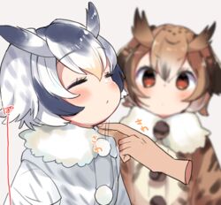  2girls animal_ears blurry blush brown_eyes brown_hair closed_eyes coat commentary depth_of_field disembodied_hand eurasian_eagle_owl_(kemono_friends) fur_collar fur_trim grey_hair hair_between_eyes hand_on_another&#039;s_chin head_wings kemono_friends long_sleeves multicolored_hair multiple_girls northern_white-faced_owl_(kemono_friends) onbin_ha open_mouth pom_pom_(clothes) short_hair simple_background stroking_another&#039;s_chin white_background white_coat white_hair wings 