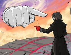  1boy absurdres amamiya_ren black_hair coat commentary final_destination_(smash_bros) gloves hands highres kloudraws marvel mask master_hand meme persona persona_5 pointing pointing_at_another pointing_spider-man_(meme) red_gloves spider-man_(series) super_smash_bros. trench_coat voice_actor_connection xander_mobus 