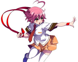  ahoge aino_heart akaga_hirotaka arcana_heart arcana_heart_3 female heart heart_ahoge huge_ahoge misono_gakuen_school_uniform necktie official_art orange_skirt pink_eyes pink_hair school_uniform short_hair simple_background skirt solo thighhighs very_short_hair white_background white_thighhighs wrist_bow zettai_ryouiki 