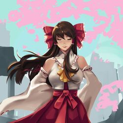  bow breasts brown_hair closed_eyes closed_eyes detached_sleeves female hair_tubes hairbow hakurei_reimu hands_on_hips hannah_santos highres japanese_clothes lips long_hair miko nose red_bow solo touhou wide_sleeves 