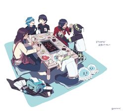  6+boys anger_vein apron bad_id bad_pixiv_id bag bandages barefoot belt black_hair blonde_hair blue_hair blush bracelet brown_hair chopsticks clear_(dramatical_murder) closed_eyes cube cup cushion dramatical_murder duffel_bag eye_contact fighting food grill hair_over_one_eye hat indian_style jacket japanese_clothes jellyfish jewelry koujaku long_hair looking_at_another meat mink_(dramatical_murder) mogi_(green_tea_planet) mole multiple_boys necklace noiz_(dramatical_murder) plate ren_(dramatical_murder) rice scarf scissors seragaki_aoba single_sleeve sitting sleeping studded_bracelet table tassel translated unworn_jacket white_background yellow_eyes 