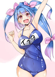  arm_up armpits bare_shoulders blue_hair breasts cleavage commentary_request female gaichi hair_ribbon i-19_(kancolle) kantai_collection large_breasts long_hair name_tag navel one-piece_swimsuit open_mouth red_eyes ribbon school_swimsuit solo swimsuit symbol-shaped_pupils twintails very_long_hair 