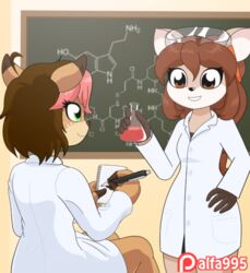  2018 2d_animation alfa995 alice_(tawyck) animated anthro beaker black_nose blinking brown_eyes brown_hair chalkboard clothed clothing coat deer digital_media_(artwork) dipstick_ears doe_(alfa995) dual_holding duo ear_markings english_text eyelashes eyewear eyewear_on_head female freckles goggles goggles_on_head green_eyes hair holding_laboratory_glassware holding_notebook holding_object holding_pen holding_writing_utensil information_board lab_coat laboratory_equipment laboratory_glassware mammal multicolored_ears multicolored_hair new_world_deer notebook open_mouth patreon patreon_logo patreon_username pen science scientific_instrument short_hair short_playtime smile taking_notes text topwear two_tone_hair white-tailed_deer writing_text writing_utensil 