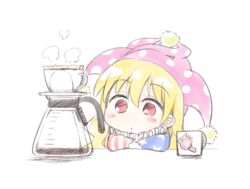  american_flag american_flag_print arm_rest blonde_hair clownpiece coffee_filter coffee_maker commentary_request cup female flag_print hat jester_cap long_hair naegi_(naegidokoro) neck_ruff no_wings polka_dot purple_hat red_eyes simple_background solo torch touhou white_background 