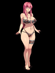  bare_shoulders barefoot bible_black black_background blush breasts cleavage clenched_teeth collarbone feet female highres huge_breasts legs long_hair looking_at_viewer nightmare_express pink_eyes pink_hair simple_background solo standing takashiro_hiroko teeth thighs 