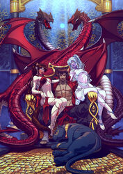  2girls abs ankle_wrap anklet barefoot barefoot_sandals bracelet breasts brown_hair covered_nipples dragon earrings gold harem harem_outfit highres jewelry large_breasts leopard long_hair medium_breasts midriff multiple_girls muscle navel no_shirt original palace pointy_ears ponytail short_hair throne toeless_legwear veil white_hair xong 