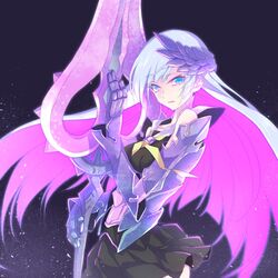  blue_eyes blue_hair breasts brynhildr_(fate) brynhildr_romantia commentary_request fate/grand_order fate_(series) female gyuunyuukeepaa holding holding_weapon large_breasts long_hair looking_at_viewer multicolored_hair open_mouth pink_hair polearm ribbon skirt solo spear standing two-tone_hair very_long_hair weapon yellow_ribbon 